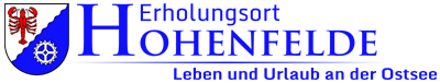 Logo Hohenfelde mit einer Krabbe und einem Rad, getrennt durch eine Welle . Erholungsort Hohenfelde